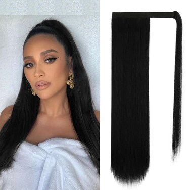 BARSDAR Straight Ponytail Extension - 20 Inch Long Straight Wrap Around Ponytail for Women Clip in Ponytail Hair Extensions Synthetic Black Hair Pony Tails Hairpieces Daily - Black