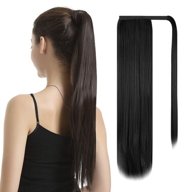 BARSDAR Straight Ponytail Extension - 26 Inch Long Straight Wrap Around Ponytail for Women Clip in Ponytail Hair Extensions Synthetic Black Hair Pony Tails Hairpieces Daily - Black