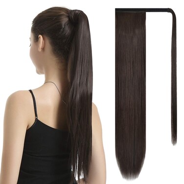 BARSDAR Straight Ponytail Extension - 30 Inch Long Straight Wrap Around Ponytail for Women Clip in Ponytail Hair Extensions Synthetic Brown Hair Pony Tails Hairpieces Daily - Dark Brown