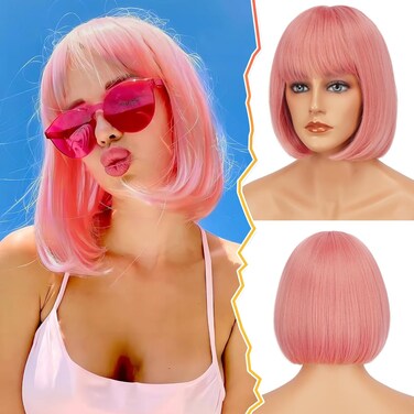 BARSDAR Short Bob Wig With Bangs - 12 Inch Chin-Length Pink Bob Wig With Bangs for Women - Natural Looking Soft Synthetic Hair Replacement Wigs Halloween Costume Party Bob Wig - Pink