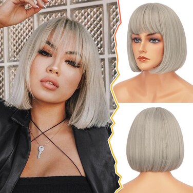 BARSDAR Short Bob Wig With Bangs - 12 Inch Gray Short Straight Bob Wig With Bangs for Women - Short Bob Wigs Natural Looking Soft Synthetic Wigs Daily Party Halloween - Grey