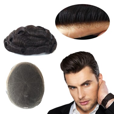 Toupee for Men Human Hair, Mens Hair Replacement System, French Lace Wigs for Men Hair Pieces 8x10#1B