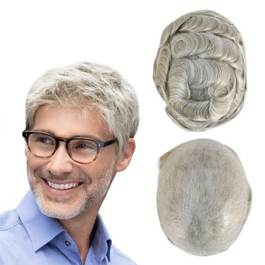 Toupee for Men Human Hair Pieces, Human Hair Replacement System, Thin Skin 0.03mm V-looped Grey Hairpieces #580