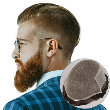 AmiableHair Human Hair Toupee for Men 8 * 10 Inch Soft French Lace Cap with 2inch Clearly PU in Back, Veer Natural Wave Men's Hairpiece Replacement System Color(#7)