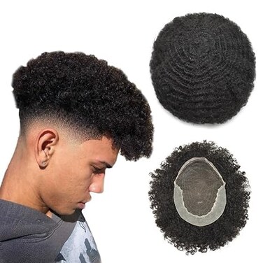 Afro Curl Toupee For Black Men French Lace Kinky Curly Human Hair Mens Toupee African American Man weave Hair Unit Afro Hair System For Men 8X10 8mm #1B off black
