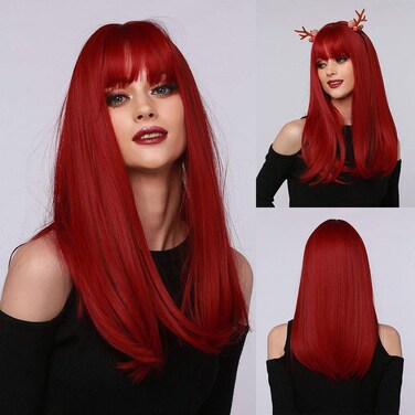 incohair Long Red Wig with Bangs Wine Red Wig for Women Long Straight Wig Fiber Synthetic Wig Halloween or Daily Use, 20inch