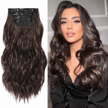 Dark Brown Clip in Long Wavy Curly Hair Extensions Naturally Smooth Synthetic Hair Extensions for Women Double Weft Thick Hairpieces for Thinning Hair (20Inch, 4Pcs)