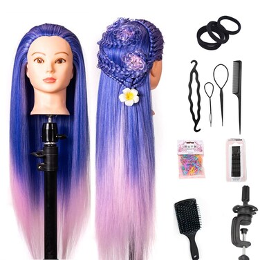 Mannequin Head with Hair 26" hair mannequin doll head hair styling manikin head Cosmetology Doll Head Multicolored Synthetic Fiber Hair（Table Clamp Stand Included) (Blue Pink multicolor)