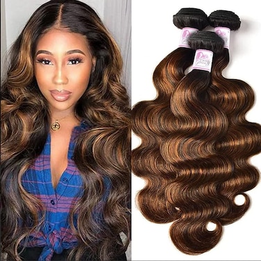 Beauty Forever Brazilian Body Wave Bundles #FB30 Highlight Ombre Balayage 3 Bundles 18 20 22Inch, 10A Virgin Remy Human Hair Extensions Piano Color
