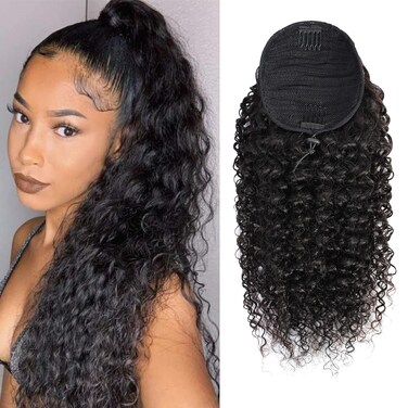 Kinky Curly Human Hair Ponytail - 150% Density Thick Afro Curly Ponytail Wrap Drawstring Clip in Binding Pony Tail Extensions Natural Color (Kinky Curly Ponytail, 22)