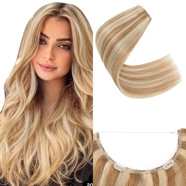 SEGO Invisible Wire Hair Extensions Real Human Hair Adjustable Wire Extensions with 2 Clips for Women Transparent Fish Line Extensions to Add Length,16inch Golden Brown Mixed Bleach Blonde,60g