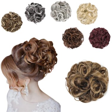 Elaine Big Messy Bun Extension Curly Hair Buns Hair Pieces for Women Synthetic Wavy Large Scrunchies Thick Updo Ponytail (Medium Ash Brown &amp; Light Ash Blonde Highlights -#83A)