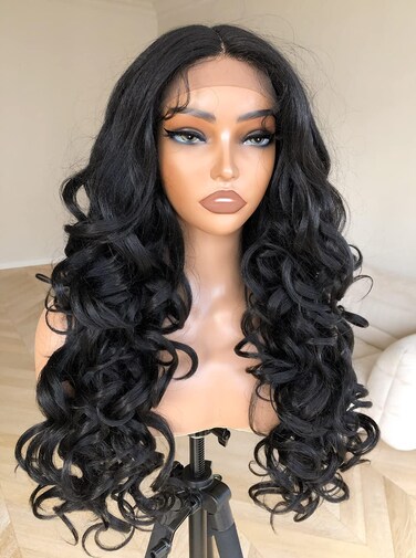 BlackSwern Bouncy Big Curly Lace Front Wig Pre Plucked, Gorgeous Wavy Wig Feathered Hair Around, Face Framing Curtain Bangs, Hairline Illusion HD Lace Wig for Black Women, Black Color