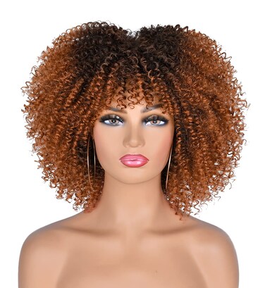 ANNISOUL 10Inch Short Curly Afro Wigs for Black Women Bomb Afro Kinky Curly Wig with Bangs Synthetic Fiber Full Wig(Black To Brown)