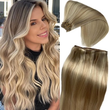 Hand Tied Weft Hair Extensions Human Hair Light Brown Highlight Platinum Blonde Sew in Hair Extensions Real Human Hair Balayage Weft Hair Extension Human Hair Full Head Sew in Hair Bundles 120g 22Inch