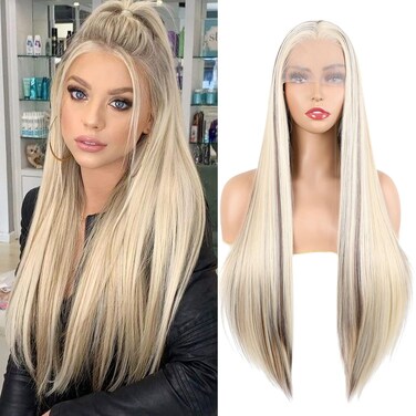 V'NICE Long Straight Highlight Piano Lace Front Wig Blonde with Brown Synthetic Wigs Heat Resistant Fiber Replacement Wig for Fashion Women