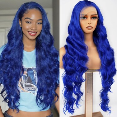 MISS FANCY Blue Lace Front Wigs For Black Women 32 Inch Body Wave Wigs with Baby Hair 13X6 HD Frontal Lace Pre Plucked Natural hairline Heat Resistant Synthetic Glueless Wigs Daily Wear and Go