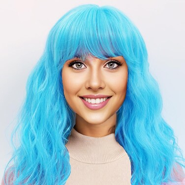 Curly Wavy Bob Wig with Bangs Short Bob Wigs for Women Shoulder Length Glueless Synthetic Wigs(14inch,blue)