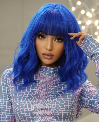 Blue Wig with Bangs,14 Inch Natural Wavy Blue Wigs for Women,Loose Curly Blue Bob Wig,Shoulder Length Synthetic Heat Resistant Fiber Wig,Colored Wigs for Daily Party Use,Halloween Costume Wigs