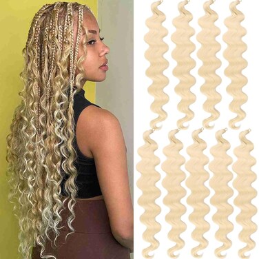 Unionbeauty 24 Inch Blonde Body Wave Braiding Hair 9 Packs Pre-Feathered Braiding Hair for Goddess Box Braids Crochet Hair Synthetic French Curl Crochet Braids Hair Extensions for Black Woman(613#)