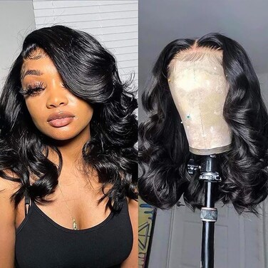 Devonia 14 Inch Human Hair Wig 13x4 Body Wave Lace Front Wigs Human Hair Pre Plucked HD Frontal Lace Wig 180 Density Glueless Wigs for Women Human Hair Wigs Natural Black Color