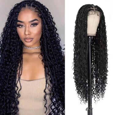 Boho Knotless Braided Wigs for Black Women Bohemian Box Braided Wigs Double Full Lace Braided Wigs with Baby Hair Synthetic Boho Braid Wig Natural Black 36Inch