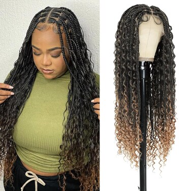 Boho Knotless Braided Wigs for Black Women Bohemian Box Braided Wigs Double Full Lace Braided Wigs with Baby Hair Synthetic Light Brown Boho Braid Wig 36Inch（1B/27）