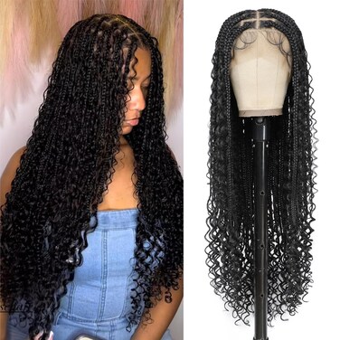 13x8 HD Lace Front Boho Knotless Box Braided Wigs For Women Bohemian Braiding Wig Braid Lace Front Wig With Curly Ends Human Hair Blended Braided Wig With Baby Hair Natural Black 36 Inch
