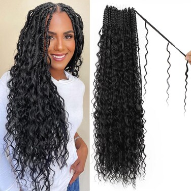 Boho Crochet Braids Human Hair Mixed 24 Inch Goddess Crochet Boho Box Braids with Human Hair Mixed Curls Brown Color Bohemian Braids Crochet Hair for Black Women Human Hair(24Inch Natural Black)