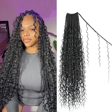 Boho Faux Locs Crochet Hair 30 Inch Goddess Locs 8 Packs Boho Soft Locs Crochet Hair with Curly Ends Pre-looped Long Bohemian River Locs Crochet Hair for Black Women(30Inch, 1B)
