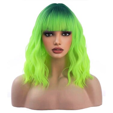 incohair Ombre Green Wigs for Women 14 Inches Short Wavy Neon Green Wig With Bangs Fluorescent Green Short Wigs for Cosplay Party Daily Wigs Wig Cap Included