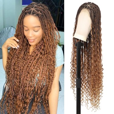 Boho Braided Wig Box Braid Wig Triangle Knotless Braided Wigs for Women Braided Lace Front Wigs with Baby Hair 36" Mix Brown and Light Brown Human Hair Blended Full Double Lace Braid Wig