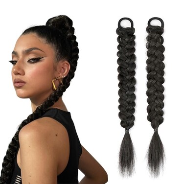 2Pcs Natural Hair Ponytail Extension, Braided Ponytail Extensions Soft Synthetic Natural Hair Pieces for Women Girls Daily Wear (Black)