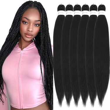 Braiding Hair Pre Stretched, 22 Inch 6 Pack Black Prestretched Braiding Hair For Braid Women Hair, Professional Synthetic Hair Extension For Crochet Braid,Soft Yaki Texture(22in,6pcs,1B#)