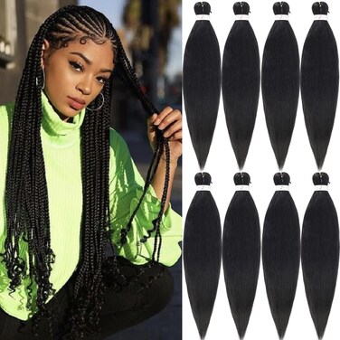 Braiding Hair Pre Stretched Black Easy Brading Hair EZ Braids Hair 8 Packs/Lot Hot Water Setting Professional Synthetic Fiber Yaki Texture for Crochet Braiding Hair Extensions (8pcs,#1b)