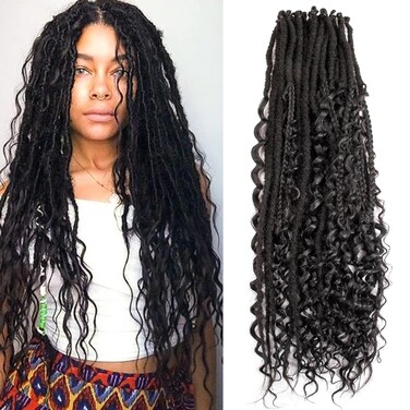 24 Inch 3 In 1 Synthetic Hair Dreadlock Extensions 30 Strands SE Dreads Extensions 100% Handmade Soft Single Ended Straight Curly Boho Wavy Dreads Natural Black (1B#, 30S)