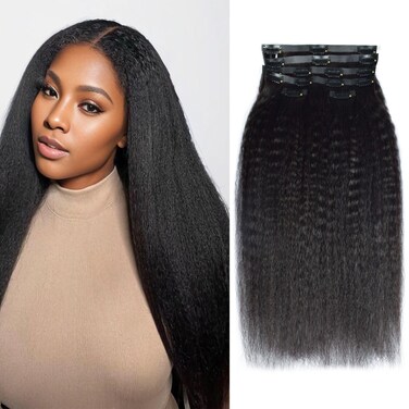 Clip in Hair Extensions Real Human Hair Clip ins Hair Extensions Kinky Straight 100% Brazilian Virgin Hair PU Seamless Clip in Hair Extensions Human Hair for Women Natural Black 110 Gram 6 Pcs 24 Inch