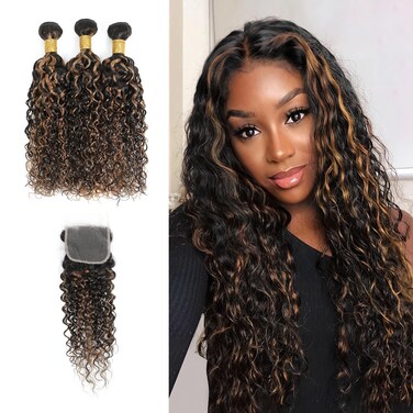 Highlight Black and Brown Bundles With Closure Water Wave 100% Unprocessed Human Hair Wet and Wavy Human Hair 12 14 16 inch 3 Bundles with 10 inch 4x4 HD Lace Closure Brazilian Remy Hair #F1b/30