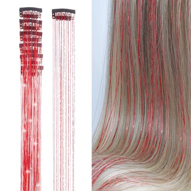 Hair Tinsel Clip Ins Multi-Colors (Red) 20.5 Inch 6pcs Sparkle &amp; Highlights for Hair Synthetic Hair Extensions for Party, Christmas, New Year, Halloween, Cosplay(Red)