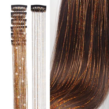 Clip in Hair Tinsel Extensions Brown Highlights for Hair 20.5 Inch 6 Pieces Each Pack Multi-Colors Amber Synthetic Hair Extensions for Party, Christmas, New Year, Halloween, Cosplay(Brown)