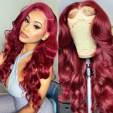 99J Burgundy Wine Red Color Body Wave 13x4 HD Lace Front Glueless Wigs Human Hair Pre Plucked Bleached Knots with Baby Hair Wigs Brazilian Human Hair Natural Hairline Wigs for Women(20Inch)