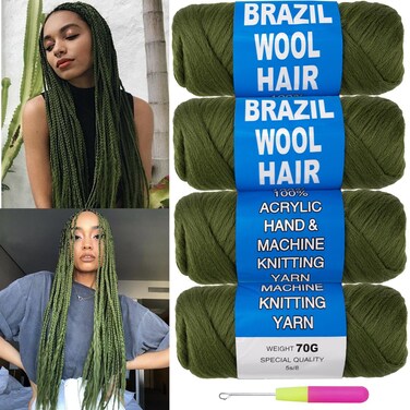 COOKOO 4 Roll Army Green Brazilian Wool Yarn Hair for Hair Crochet Jumbo Braids African Braids Knitting Hair Braids Sengalese Twisting Dreadlocks Faux Locs Box Braids 70G/Roll(Army Green#)