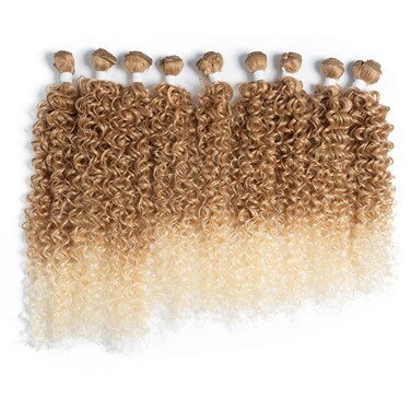 D&Eacute;BUT Jerry Curl Synthetic Hair 9 Bundles Ombre Blonde 16 18 20 Inches Tight Curly High Temperature Hair Weave 9Pcs 300g 16" 16" 18" 18" 20" 20" Gradient Blond Color