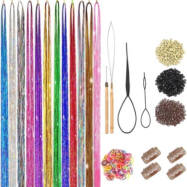 Hair Tinsel Kit with Tools 43Inches 4800 Strands Fairy Hair Extensions, Resistant Sparkling Shiny Hair Tinsel Kit for Girls 12 Colors M07