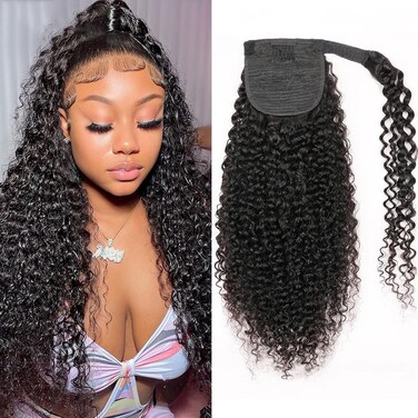 Ponytail Extension Human Hair Curly Ponytail Extension for Black Women with Wrap Around Magic Tape 8A Brazilian Virgin Human Hair Curly Clip in Drawstring Ponytail Hair Extensions 16 Inch