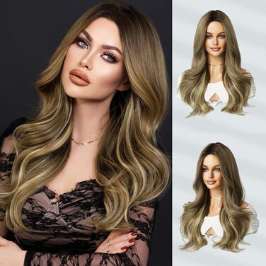 7JHH WIGS Long Wavy Brown Wig with Dark Root Middle Part Blonde Brown Highlight Curly Wavy Wig Natural Looking Heat Resistant Fiber Wig for Daily Party Use（25in）