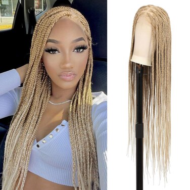 360&deg; HD Full Lace Braided Wigs Knotless Braided Wigs for Women Box Braid Wig with Baby Hair Braided Lace Front Wigs Human Hair Blended Braided Wigs Long Blonde 36
