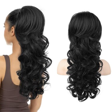 SEIKEA Ponytail Extension, 22" Long Wavy Curly Drawstring Ponytail Multi-layered Fluffy Thick Clip in Hair Extensions Ponytail Natural Soft Synthetic Hairpiece Black