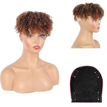 Afro Kinky Curly Hair Toppers for Women Ombre Brown Top Hair Pieces Clip on Synthetic Toupee With Bangs, Short Curly Hair Tooper Hair Extensions Wiglets Hairpieces for Thinning Hair Toppers(1B/30#)