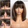 Bang Wigs Human Hair Glueless Straight Layered Bob Hairstyle 4x2 Transparent Lace Ombre Brown Highlights for Women 12 Inch